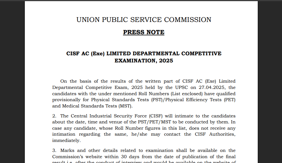 UPSC CISF AC (Exe) LDCE 2025 result: Written exam merit list released; download link active
